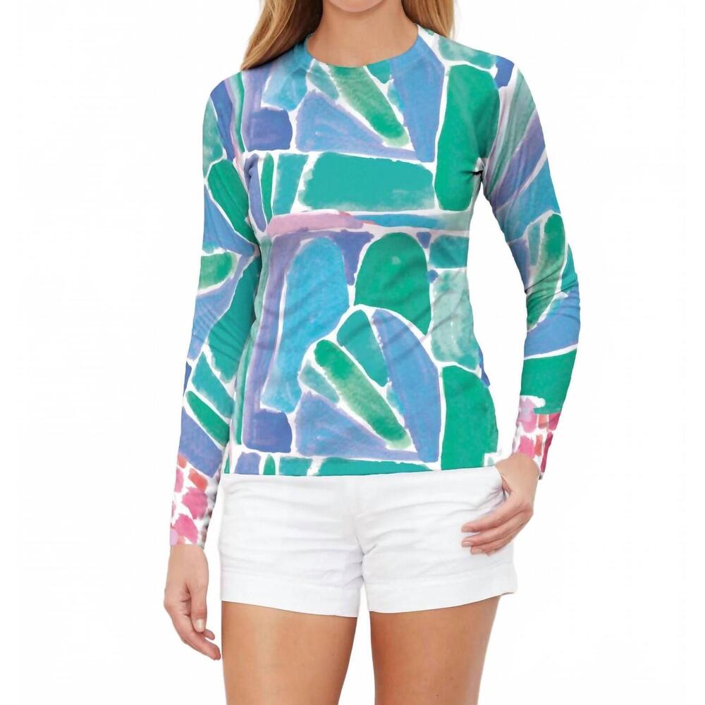 NEW WHIMSY ROSE long sleeve rash guard top in blue multi
